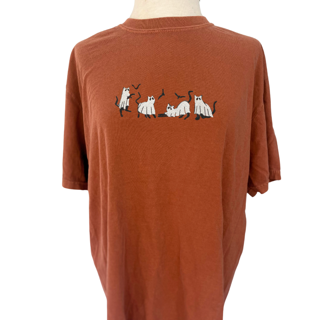 Ghosty Cat Embroidered T-Shirt