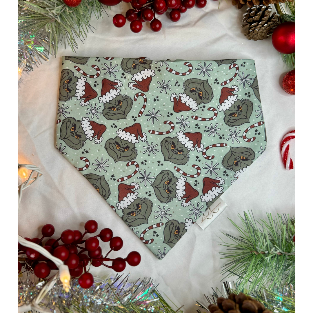 Christmas Scrunchie Dog Bandana- Boho Grinchmas