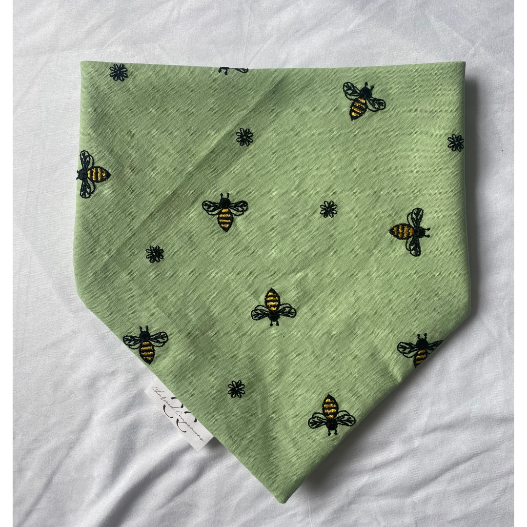 Embroidered Bees on Sage Dog Bandana