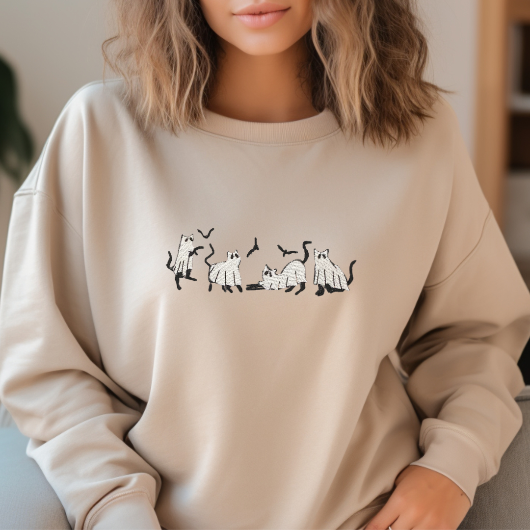 Ghosty Cat Embroidered Sweatshirt