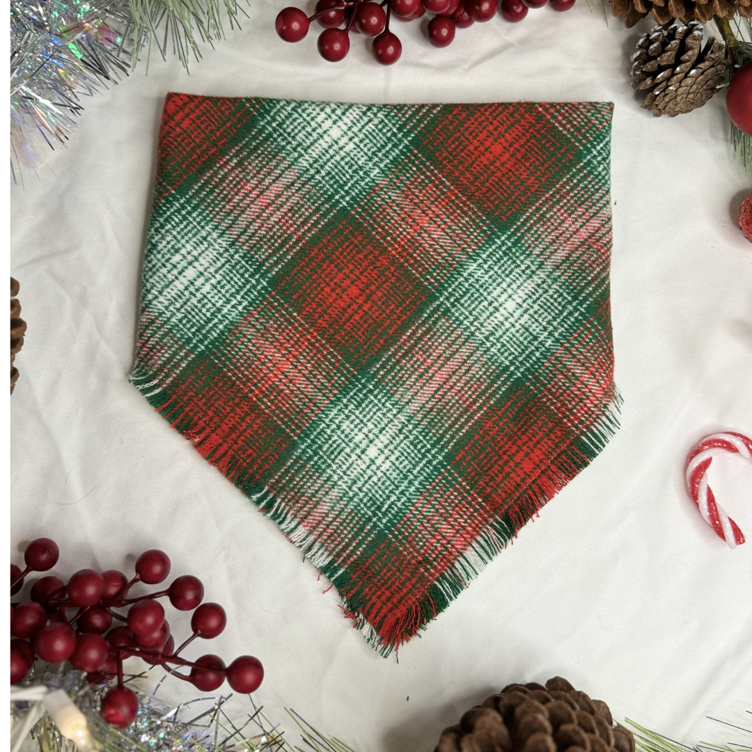 Christmas Scrunchie Dog Bandana- Red and Green Fringe