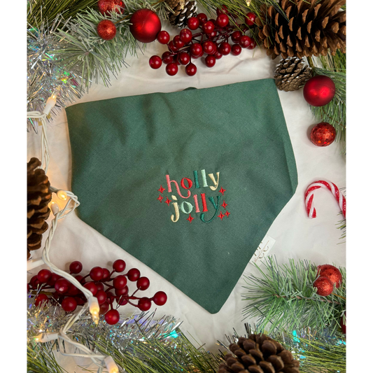 Embroidered Christmas Scrunchie Dog Bandana- Holly Jolly